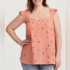 Torrid Coral Cactus Ruffle Crepe Tank Top 1X